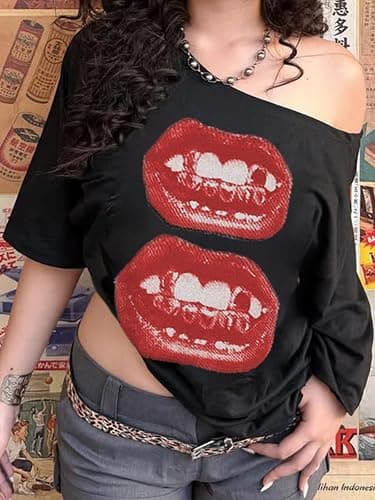 Hesaco Off The Shoulder Cute Shirts for Women Oversized Tshirt Y2k Graphic Tee Lips Print Baggy Shirts Vintage Tops thumbnail 4