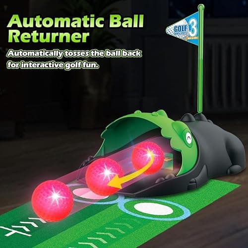 TERRAMUS Upgraded Kids Toy Golf Set with Dinosaur Automatic Golf Returner, Led Light Up Night Golf Balls, 3 Clubs, Putting Mat, 3-8 Toddler Mini Golf Games, Indoor Outdoor Sports Toys for Boys Girls thumbnail 3
