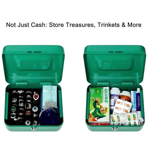 Jssmst Medium Cash Box with Key Lock - Durable Metal Cash Box with Money Tray, Green, Medium thumbnail 6