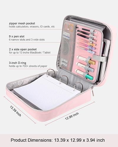 HINOOR 3-Inch 3-Ring Zipper Binder with Shoulder Strap and Multiple Pockets | D-Ring Zip Up Binder with 700 Sheets Capacity, Compatible with 13" MacBook/Tablet, for Middle School, Office, Pink thumbnail 2