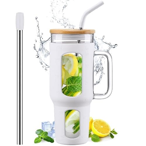 WINSA Glass Tumbler with Lid and Straw, 46 oz Iced Coffee Cup with Handle, Large Water Bottles with Silicone Sleeve, Glass Cup with Straws - Pearl Straw & Drinking Straw BPA Free-White - Image 1