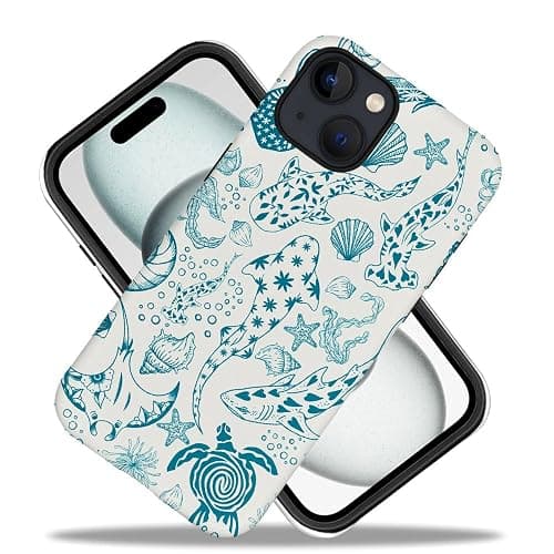 Case for iPhone 14,Fits Frosted Case Design for Girl Women,Sharks Turtles Shells Seaweed Green thumbnail 2
