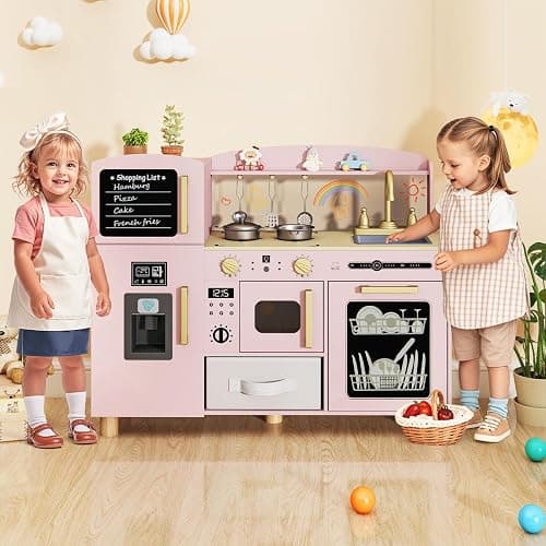 INFANS Kids Kitchen Playset, Toddler Wooden Pretend Cooking Toy Set with Acrylic Drawing Board Ice Machine Dishwasher Cloth Drawer Stove Removable Sink Simulation Play Kitchen for Boys Girls thumbnail 8