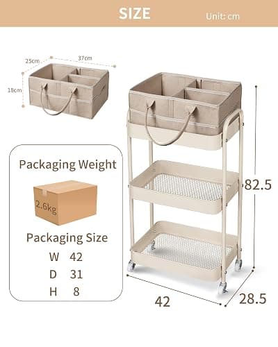 Fortella Nappy Caddy Organizer, 3-Tier Storage Trolley on Wheels, Bedroom Storage Baby Essentials for Newborn Nursery Changing Table, Easy Assembly, Portable Nappy Bag, Bathroom Kitchen Trolley(Brown) thumbnail 2