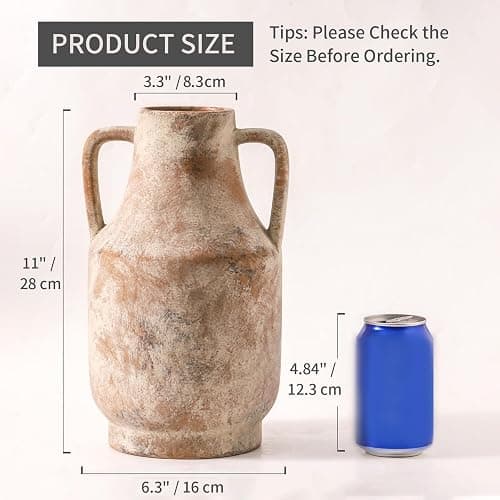 Mitt&Ditt Ceramic Flower Vase with Handles, 11 inch Tall Vase for Centerpieces, Large Decorative Terracotta Vases, Farmhouse Rustic Vases for Home Decor, Living Room, Table, Neutral thumbnail 2