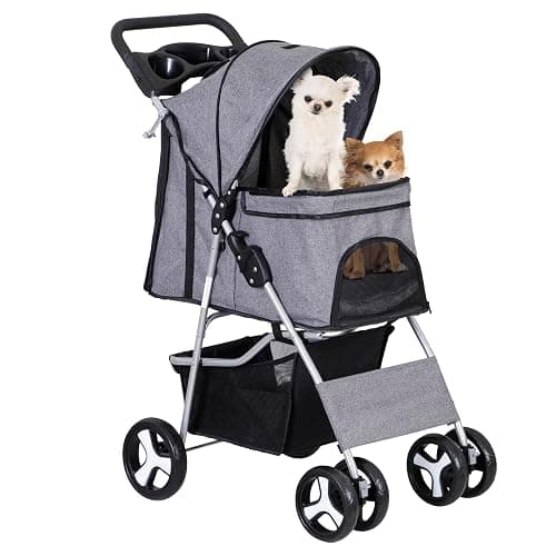 ZENY Foldable Pet Stroller, Cat/Dog Stroller with 4 Wheel, Pet Travel Carrier Strolling Cart with Storage Basket, Cup Holder (Grey) thumbnail 9