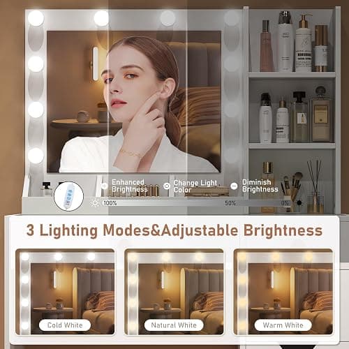 YaoYaoJia Makeup Vanity Desk with Mirror and Lights,35.4" White Vanity with Glass Top,Vanity Table with 5 Drawers,3 Lighting Modes & Brightness Adjustable Dressing Table for Bedroom thumbnail 5