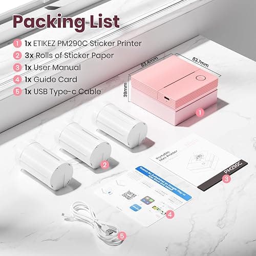 ETIKEZ Sticker Printer, PM290C Portable Mini Printer, Inkless Bluetooth Sticker Maker with 3 Rolls Paper, Impresora Portátil for Notes, Journal, DIY, Gift, Print Pod for School/Office/Home, Pink thumbnail 9