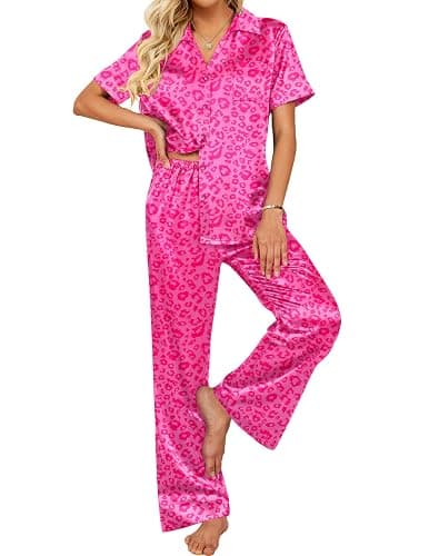Ekouaer Silk Pajamas for Womens Set 2 Piece Satin Pjs Soft Button Down Sleepwear Wide Leg Long Pants with Pockets - Image 1