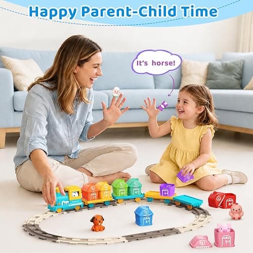 Electric Train Set for Toddler with Farm Animals, Music & Lights, Ages 2-4 | Montessori Self-moving electric train set, 37 PCS with 8 numbered barns and animal finger puppets for counting and sorting thumbnail 7