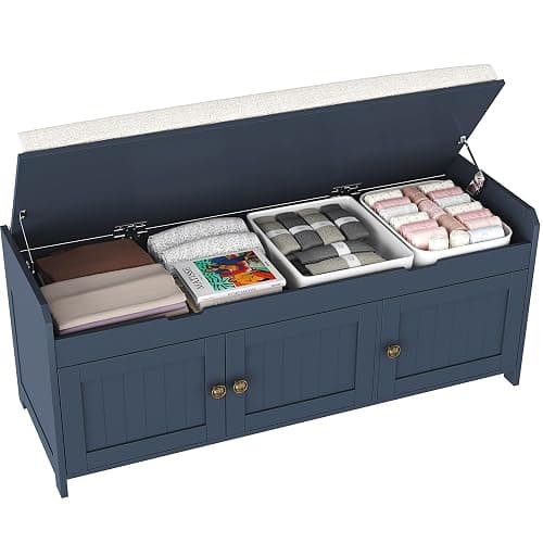 HOMEFORT 41.3" Shoe Bench with Lift Top Storage, Entryway Bench with Cushioned Seat, Wooden End of Bed Bench, Shoe Cabinet Bench with Hidden Storage Space, for Bedroom, Hallway,Blue - Image 1