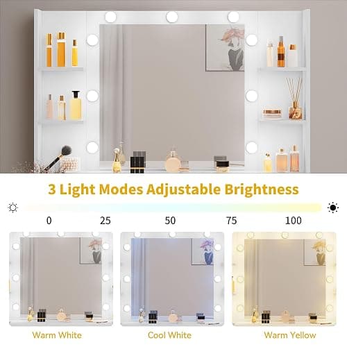 DWVO Makeup Vanity Set with Mirror & 3-Mode Lights, Vanity Desk with Storage Stool, Power Outlet, Shelves, Drawers & Hair Tool Holder, Dressing Table for Apartment Dorm Guest Room, White thumbnail 5