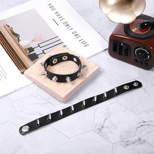 JIYIN 2Pcs Punk Rock Spike Bracelet, Adjustable Leather Studded Bracelet Black Emo Bracelets Gothic Jewelry for 80s 90s Vintage Womens Men Halloween Christmas Punk Gift thumbnail 7
