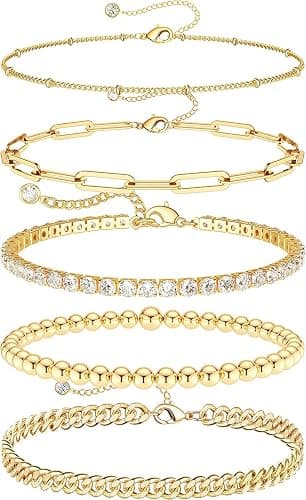 DEARMAY Gold Bracelets for Women, 14K Real Gold Jewelry Sets for Women Cute Tennis Beaded Bracelets for Women Cuban Link Paperclip Chain Dainty Bracelet Pack Gifts for Women Girls - Image 1