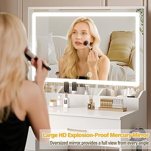 Dressing Table with Mirror and Stool: Vanity Desk with Mirror and Drawers - Makeup Desk with 4 Drawers, Wooden White Bedroom Dressing Table with LED Lights, Brightness Adjustable, 3 Open Storage Areas thumbnail 3