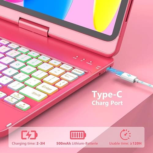 FUWANG Touch Keyboard Case for iPad A16 11/10th Gen, 360 Rotating, Hot Pink | Multi-Touch Trackpad, 7-Color Backlit, Pencil Holder, Keyboard for iPad A16 11th 11 inch 2025& 10th Generation 10.9 inch 2022 thumbnail 6