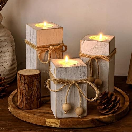 MelonBoat Rustic Flameless LED Candles 3-Pack, Battery Operated Candles with Wooden Candle Holders, White Rustic Farmhouse Decor, Farmhouse Candle Holder for Valentines Holiday Party Home Decor - Image 1