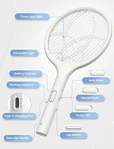 YISSVIC Electric Fly Swatter 4000V Bug Zapper Racket Dual Modes Mosquito Killer with Purple Mosquito Light Rechargeable for Indoor Home Office Backyard Patio Camping thumbnail 9