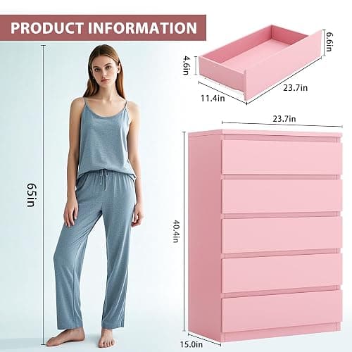 Jocoevol Pink 5 Drawer Dresser for Bedroom, 15" D x 23.7" W x 40.4" H in Simply Chest of Drawers, Wood Storage Dresser with Drawers for Living Room Hallway Entryway, Pink thumbnail 2