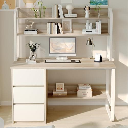 MaverickFurni Computer Desk with Hutch, 47 Inch Small Desk with 3 Drawers for Bedroom, Study Writing Desk with Shelves for Small Spaces, Adjustable Feet, Light Walnut - Image 1