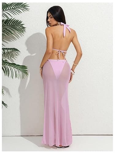 OYOANGLE Women's 3 Piece Swimsuits Floral Halter String Bikini Set with Long Beach Skirt Cover Up Beachwear thumbnail 3