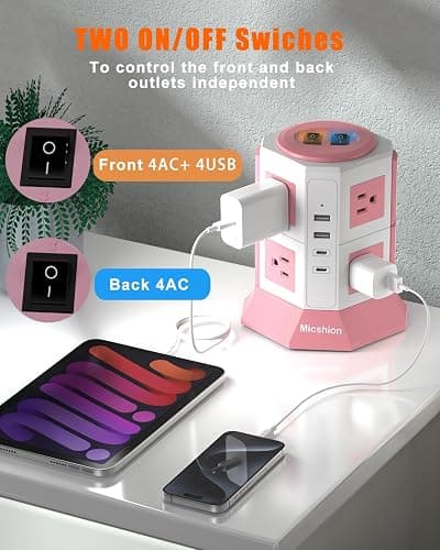 NVEESHOX Surge Protector Power Strip Tower, 10 Feet Ultra Flat Extension Cord with 12 AC Outlets 5 USB Ports(2 Type C), Desktop Charging Station, Flat Plug Outlet Extender for Home Office Dorm thumbnail 6