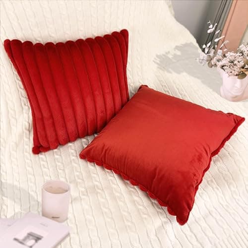 2 Pack 18x18 Pillow Cover Velvet Pillow Covers, Faux Fur Square Throw Pillow Covers for Living Room Decorations Throw Pillow Case, Throw Pillow Cover Cushion Cover for Home Sofa Bedroom Car, Red thumbnail 5