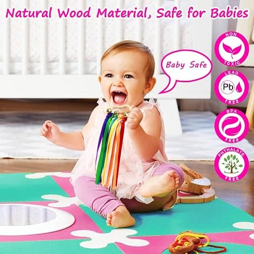 Baby Sensory Wooden Rattle Toys - 2PCS Rainbow Ribbon Rattles Ring Toy for Babies 0-6 Months, Wood Baby Montessori Toys with Bells for 0-12 Months Newborns Infants Toddlers Boy Girl as Shower Gifts thumbnail 6