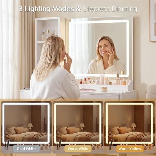 FUXA Vanity Desk with LED Lights Mirror and Charging Station, Makeup Vanity Table with Storage Drawers, Cabinet and Chair, Dressing Table Set for Bedroom, White thumbnail 4
