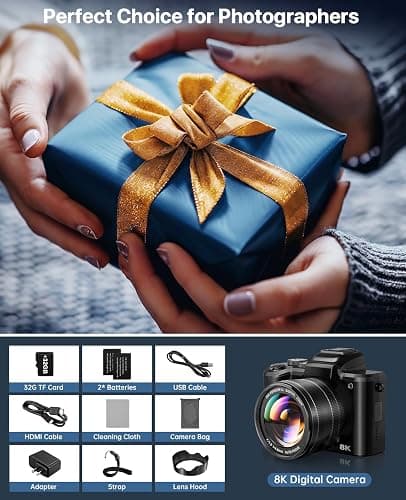 8K Digital Cameras for Photography, 2026 Autofocus 88MP WiFi Professional Photography Camera with Dual-Lens for YouTube, 16X Digital Zoom, TF Card, Lens Hood, Touch Screen,2 Batteries & Charging Stand thumbnail 8