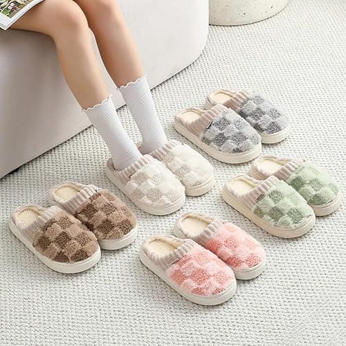 VTTDB Checkered Slipper House Slippers for Women Men Plush Warm Fuzzy Slippers Flyffy Bedroom Shoes Indoor Slip On thumbnail 6