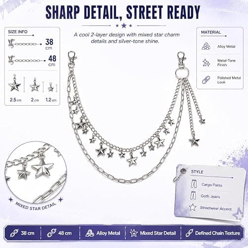 QWALIT Y2K Star Pants Chain for Men Jean Chains for Women Pocket Chain for Pants Biker Hip Punk Chains Y2K Jewelry for Women Accessory Silver Trendy Fashion for Music Festival Concert Cosplay thumbnail 5