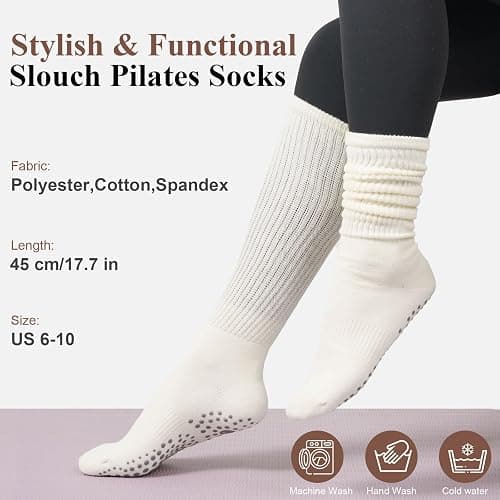 Grip Pilates Socks for Women, Yoga Slouch Socks with Grip for Barre Workout Hospital Long Scrunch Slipper Socks thumbnail 4