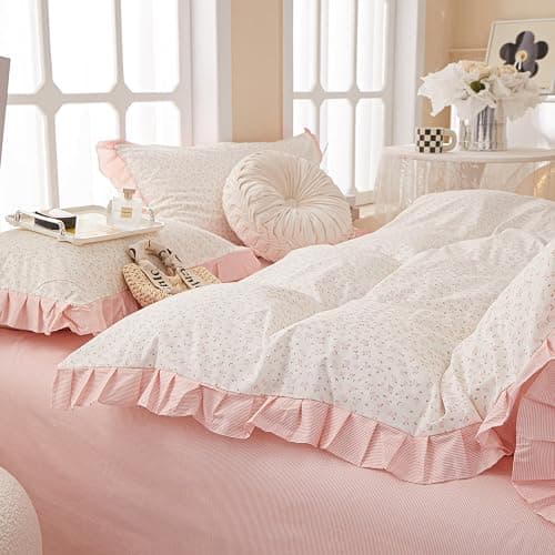 Pink Floral Duvet Cover Full 100% Cotton Ruffle Duvet Cover Girls Princess Lace Bedding Set Botanical Flower Comforter Cover with Zipper Closure Vintage Country Bedding Cottagecore Duvet Cover Set thumbnail 9