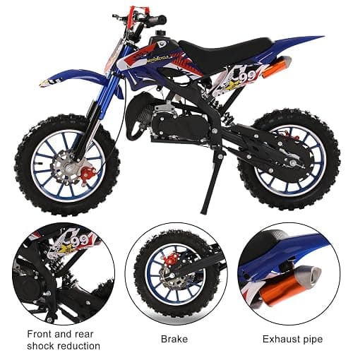 HshDUti 49cc 2-Stroke Gas Powered Motocross Dirt Bike for Kids, Off Road Mini Motorcycle With Front Rear Disc Brakes, Birthday Gifts - Blue thumbnail 6