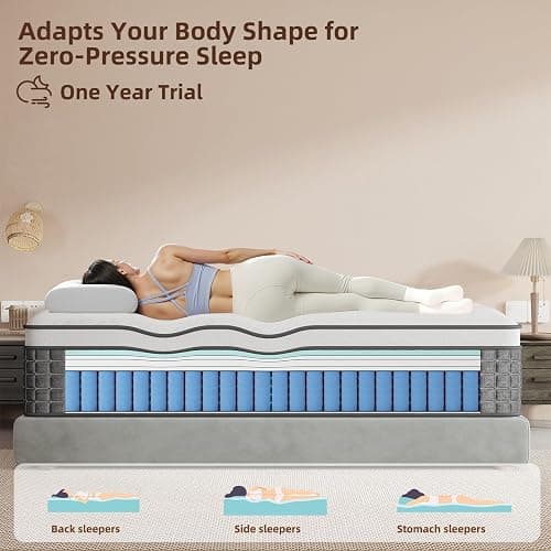 PUBPLON Mattress Queen Size, Medium Firm 12 Inch Mattress with Extra Lumbar & Shoulder Support, Hybrid Mattresses with Gel Memory Foam Pain Relief - Fiberglass Free - No Odor - 365 Night Trial thumbnail 4