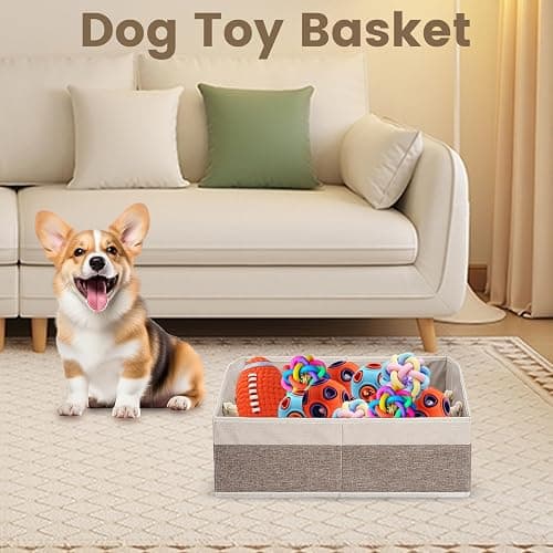 Large Dog Toy Basket With Handle, Foldable Dog Toy Box for Living Room Area, 20" Basket for Dog's Toys, Clothes, Organizers and Storage with Hard Board, Anti-slip for Pet Toys (Brown, Medium) thumbnail 6