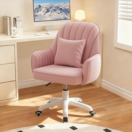 WXJHL Mid-Back Velvet Desk Chair, Height Adjustable Swivel Vanity Chair with Wheels, Rolling Accent Chair for Home Office, Bedroom, Living Room, Pink - Image 1