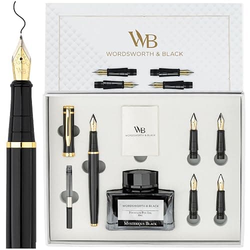 Wordsworth & Black Fountain Pen Gift Set, Includes Bottle, 6 Cartridges, Refill Converter, 4 Replacement Nibs, Premium Package, Journaling, Calligraphy, Smooth Writing Pens [Black Gold] - Image 1