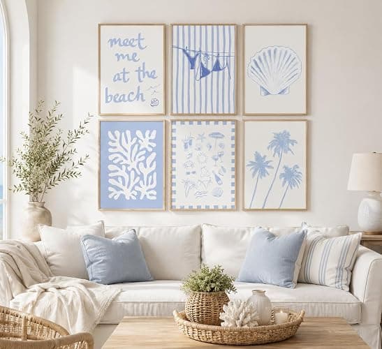 6Pcs Coastal Granddaughter Wall Art Blue Shell Bikini 8x10in | Starfish Palm Tree Poster Prints, Meet Me At The Beach, Preppy Aesthetic, For Girly Room Dorm Apartment thumbnail 3