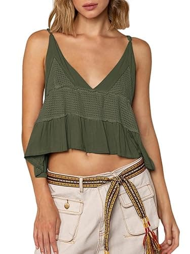 VNIRA Womens Sleeveless Peplum Spaghetti Strap Babydoll V Neck Ruffle Loose Fit Waffle Knit Crop Boho Tank Tops - Image 1