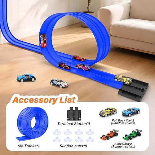 KETIEE Flex Tracks 16Ft for Kids: Flexible Race Car Ramp Track with 4 Small Racecars and 8 Suction Cups Compatible with Diecast 1/64th Cars, Rolls Up Portable Racetrack for Ages 3 & Up thumbnail 8