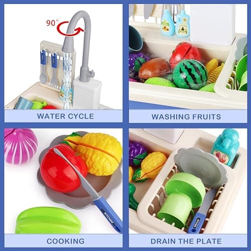 deAO Play Kitchen Toy Sink Toys with Cutting Food,Dishwasher Playing Toy with Running Water, Role Playing Game Pretend Food,44 PCS Kitchen Accessories Set for 3 4 5 Years Old Girls Boys Blue thumbnail 4