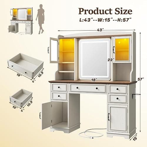 EnHomee Vanity Desk with Mirror and Lights, 43" White Makeup Vanity Desk with 5 Drawers & 2 RGB Glass Cabinets, Adjustable 3 LED Lights for Bedroom, Farmhouse Dressing Table for Women thumbnail 2