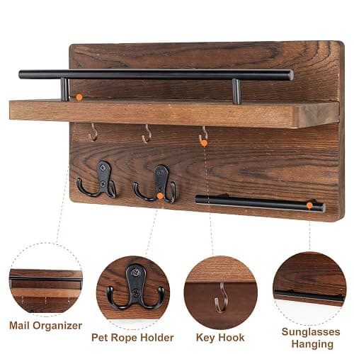 OurWarm Wall Mounted Key Holder/Hangers for Wall Decorative with 5 Key Hooks, Wooden Mail Rack Organizer with Shelf, Rustic Home Decor for Entryway Mudroom Hallway Office, Brown thumbnail 6