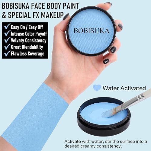 BOBISUKA Light Blue Face Body Paint, Water-Based Face Painting Kit & Body Paints, Kids Adults Facepaint for Halloween Sally Avatar Corpse Bride Smurf SFX Makeup, Costume Cosplay Party Theater & Stage thumbnail 2