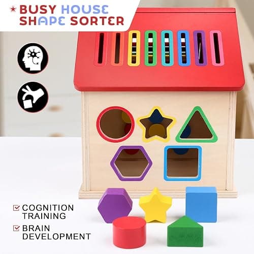 Wooden Shape Sorter Activity Cube, Montessori Toy for Toddlers 3+ Years Old | Multi-Functional Busy House Baby Color Sorting Educational Learning Toy, Birthday Gifts for Boys Girls thumbnail 8
