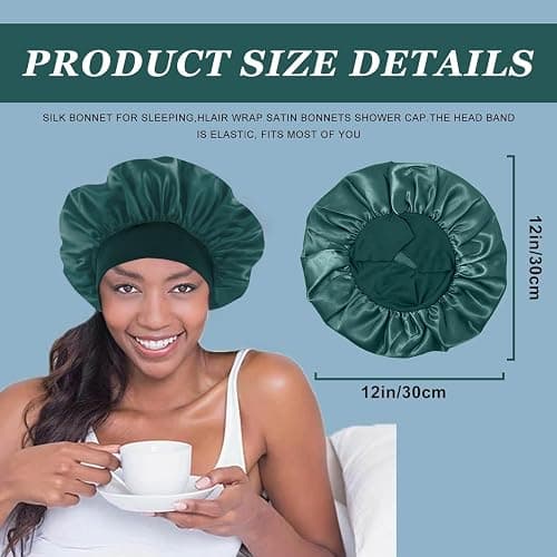 4PCS Silk Satin Bonnets for Black Women & Men - Elastic Wide Band Hair Wrap Cap for Curly Hair - Shower Cap for Sleeping (Black, Peacock Blue, Pink, Khaki) thumbnail 2