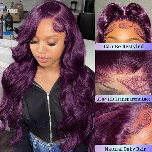 Dark Burgundy 13x4 Body Wave Lace Front Wig Human Hair 180% Density Deep Smokey Purple Body Wave Wigs for Women HD Transparent Lace Front Wigs Glueless Human Hair Pre Plucked with Baby Hair 20 inch thumbnail 4