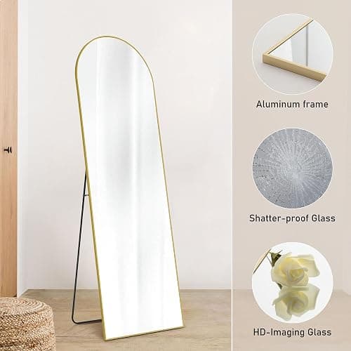 DUMOS Arched Full Length Mirror with Stand 64"x21" Floor Standing Aluminum Frame for Bedroom Body Hanging Leaning Modern Simple Home Decor Shatter-proorf Nano Glass Wall Living Room Cloakroom Gold - Gold-arched - 64"L x 21"W thumbnail 6